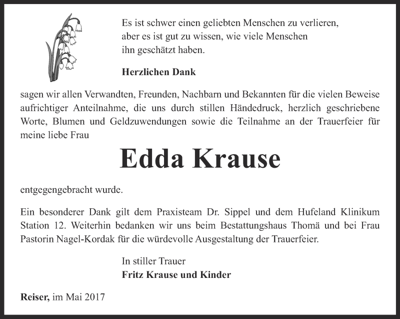  Traueranzeige für Edda Krause vom 10.06.2017 aus Thüringer Allgemeine, Thüringische Landeszeitung