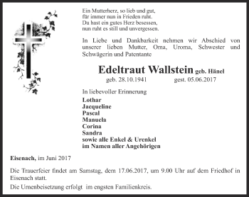 Traueranzeige von Edeltraut Wallstein von Thüringer Allgemeine, Thüringische Landeszeitung