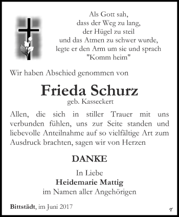 Traueranzeige von Frieda Schurz von Thüringer Allgemeine