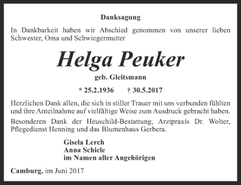 Traueranzeige von Helga Peuker von Ostthüringer Zeitung, Thüringische Landeszeitung