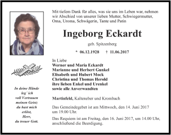 Traueranzeige von Ingeborg Eckardt von Thüringer Allgemeine