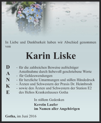 Traueranzeige von Karin Liske von Ostthüringer Zeitung, Thüringische Landeszeitung