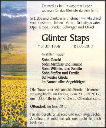 Traueranzeige von Günter Staps von Ostthüringer Zeitung