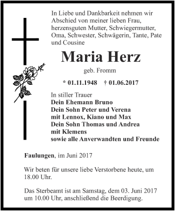 Traueranzeige von Maria Herz von Thüringer Allgemeine, Thüringische Landeszeitung