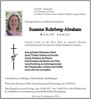 Traueranzeige von Susanne Rohrberg-Abraham von Thüringer Allgemeine