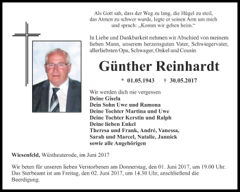 Traueranzeige von Günther Reinhardt von Thüringer Allgemeine