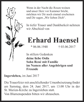 Traueranzeige von Erhard Haensel von Thüringer Allgemeine, Thüringische Landeszeitung