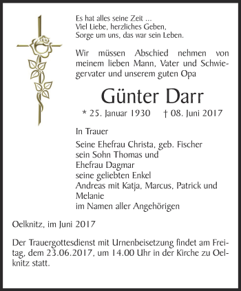 Traueranzeige von Günter Darr von Ostthüringer Zeitung, Thüringische Landeszeitung