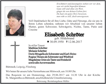 Traueranzeige von Elisabeth Schröter von Thüringer Allgemeine