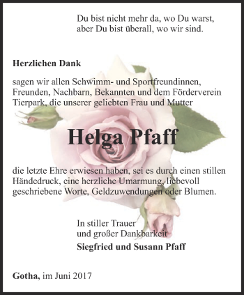 Traueranzeige von Helga Pfaff von Ostthüringer Zeitung, Thüringische Landeszeitung