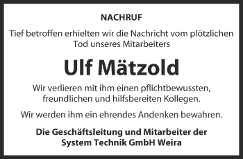 Traueranzeige von Ulf Mätzold von Ostthüringer Zeitung