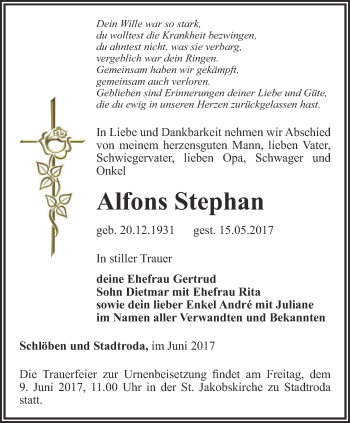 Traueranzeige von Alfons Stephan von Ostthüringer Zeitung