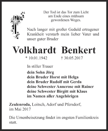 Traueranzeige von Volkhardt Benkert von Ostthüringer Zeitung