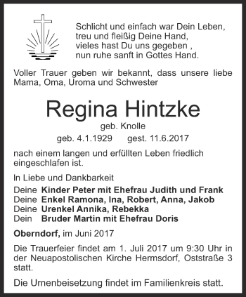 Traueranzeige von Regina Hintzke von Ostthüringer Zeitung