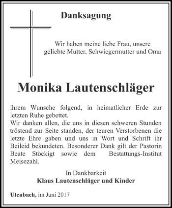 Traueranzeige von Monika Lautenschläger von Thüringer Allgemeine, Thüringische Landeszeitung