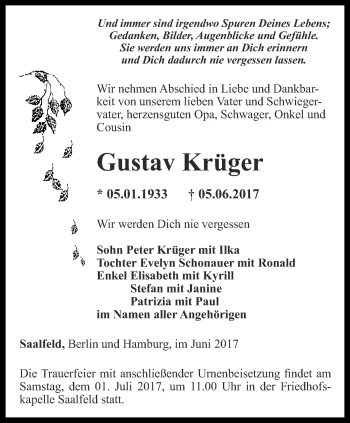 Traueranzeige von Gustav Krüger von Ostthüringer Zeitung