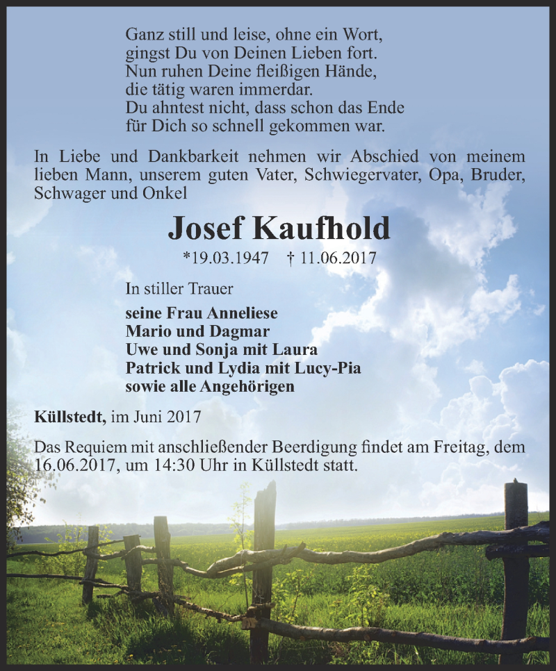  Traueranzeige für Josef Kaufhold vom 14.06.2017 aus Thüringer Allgemeine