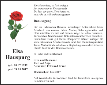Traueranzeige von Elsa Hauspurg von Thüringer Allgemeine, Thüringische Landeszeitung