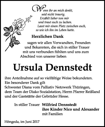 Traueranzeige von Ursula Dennstedt von Thüringer Allgemeine, Thüringische Landeszeitung