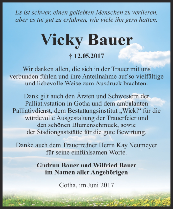 Traueranzeige von Vicky Bauer von Ostthüringer Zeitung, Thüringische Landeszeitung