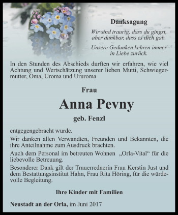 Traueranzeige von Anna Pevny von Ostthüringer Zeitung