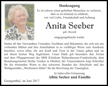 Traueranzeige von Anita Seeber von Ostthüringer Zeitung, Thüringische Landeszeitung