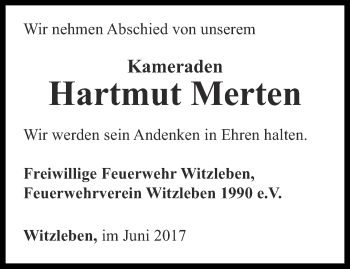 Traueranzeige von Hartmut Merten von Thüringer Allgemeine