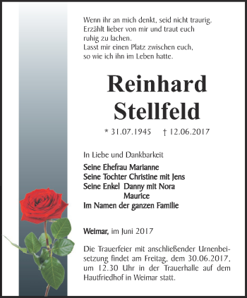 Traueranzeige von Reinhard Stellfeld von Thüringer Allgemeine, Thüringische Landeszeitung
