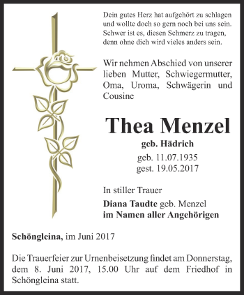 Traueranzeige von Thea Menzel von Ostthüringer Zeitung