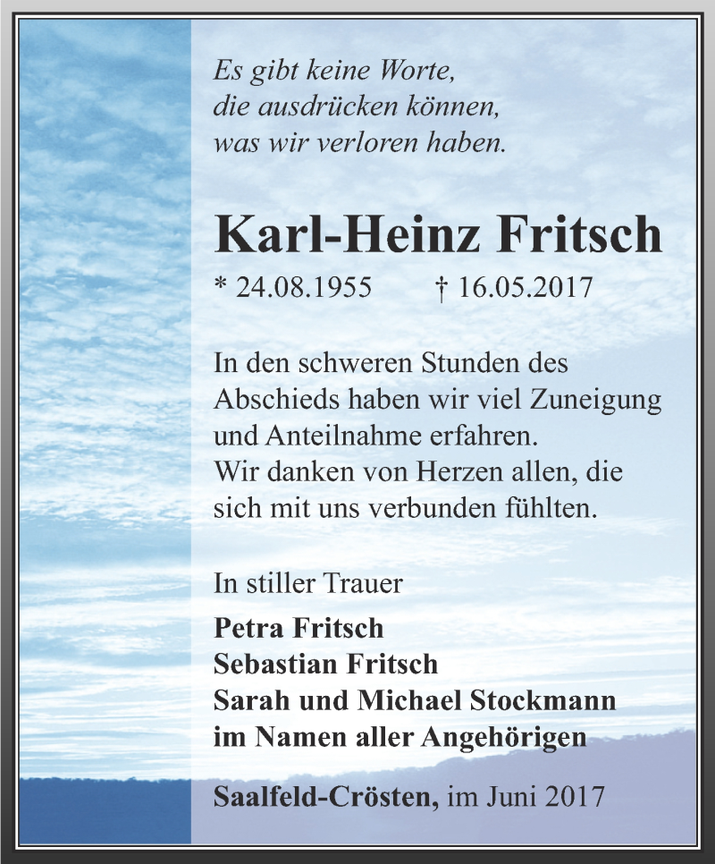  Traueranzeige für Karl-Heinz Fritsch vom 17.06.2017 aus Ostthüringer Zeitung