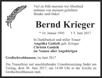 Traueranzeige von Bernd Krieger von Ostthüringer Zeitung, Thüringische Landeszeitung