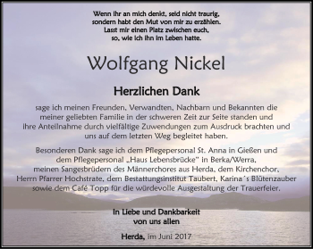 Traueranzeige von Wolfgang Nickel von Thüringer Allgemeine, Thüringische Landeszeitung