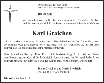 Traueranzeige von Karl Graichen von Ostthüringer Zeitung