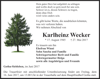 Traueranzeige von Karlheinz Wecker von Ostthüringer Zeitung, Thüringische Landeszeitung