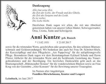 Traueranzeige von Anni Kuntze von Thüringer Allgemeine