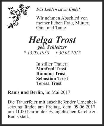 Traueranzeige von Helga Trost von Ostthüringer Zeitung