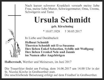 Traueranzeige von Ursula Schmidt von Thüringer Allgemeine