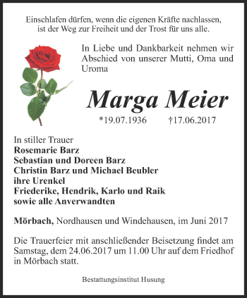 Traueranzeige von Marga Meier von Thüringer Allgemeine