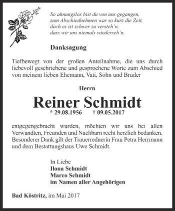 Traueranzeige von Reiner Schmidt von Ostthüringer Zeitung