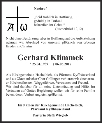 Traueranzeige von Gerhard Klimmek von Thüringer Allgemeine