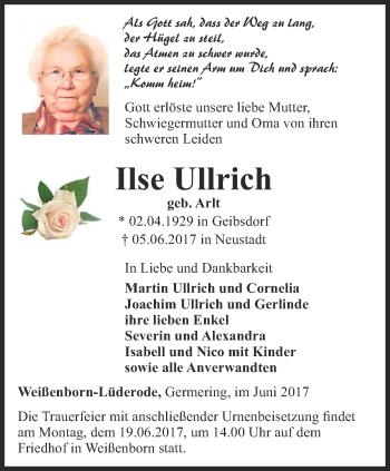 Traueranzeige von Ilse Ullrich von Thüringer Allgemeine