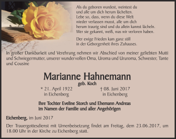 Traueranzeige von Marianne Hahnemann von Ostthüringer Zeitung, Thüringische Landeszeitung