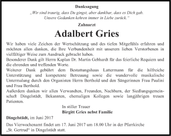 Traueranzeige von Adalbert Gries von Thüringer Allgemeine