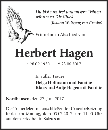 Traueranzeige von Herbert Hagen von Thüringer Allgemeine