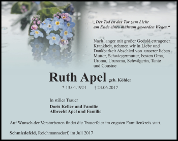 Traueranzeige von Ruth Apel von Ostthüringer Zeitung