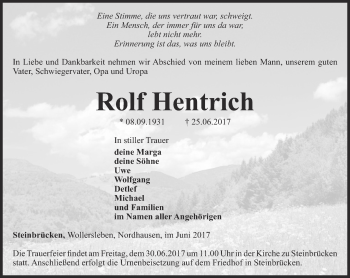 Traueranzeige von Rolf Hendrich von Thüringer Allgemeine