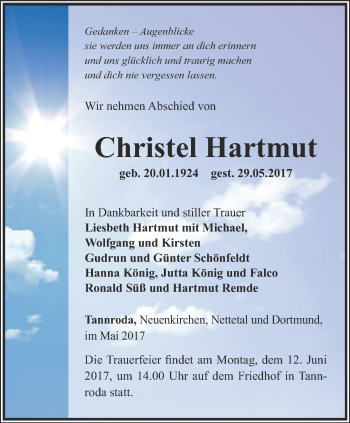 Traueranzeige von Christel Hartmut von Thüringer Allgemeine, Thüringische Landeszeitung