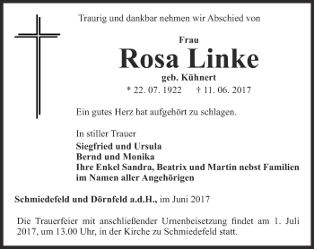 Traueranzeige von Rosa Linke von Ostthüringer Zeitung