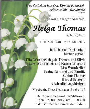 Traueranzeige von Helga Thomas von Thüringer Allgemeine, Thüringische Landeszeitung