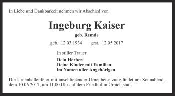 Traueranzeige von Ingeburg Kaiser